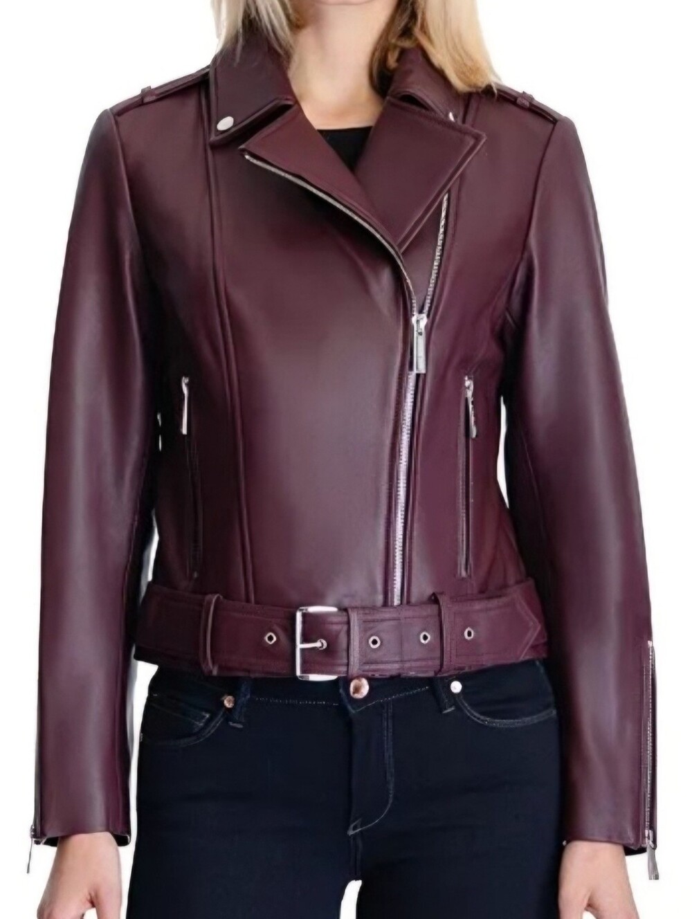 NWOT!! Michael Kors Burgundy Leather Moto Jacket with Belted Waist SZ L